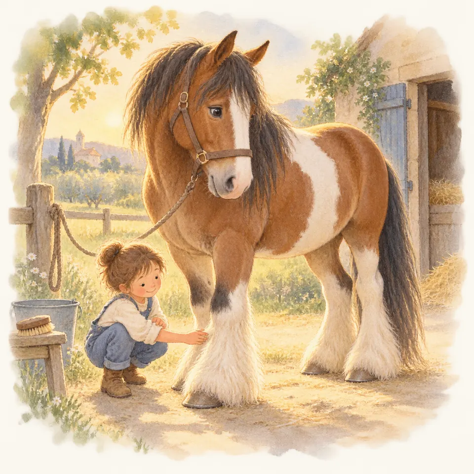 Une enfant accroupie touche les longs fanons blancs d’un cheval pie bai attaché devant une écurie
