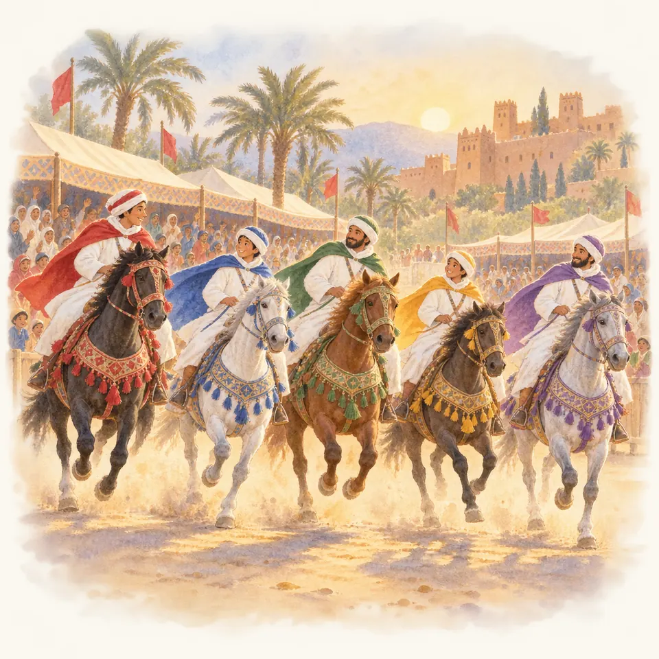 Cinq cavaliers en tenues traditionnelles galopent sur des chevaux richement harnachés devant les tribunes d’une fantasia