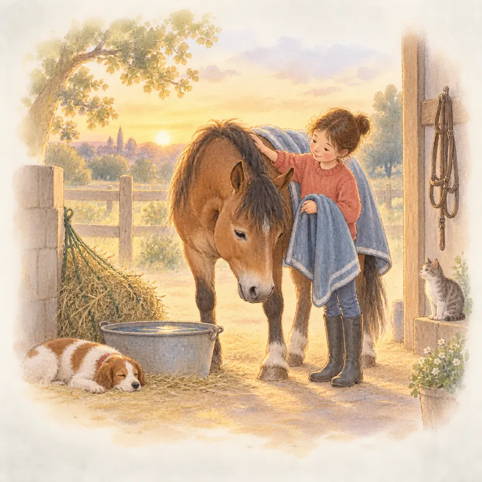 Une jeune fille pose une couverture bleue sur un poney bai qui baisse la tête devant l’écurie