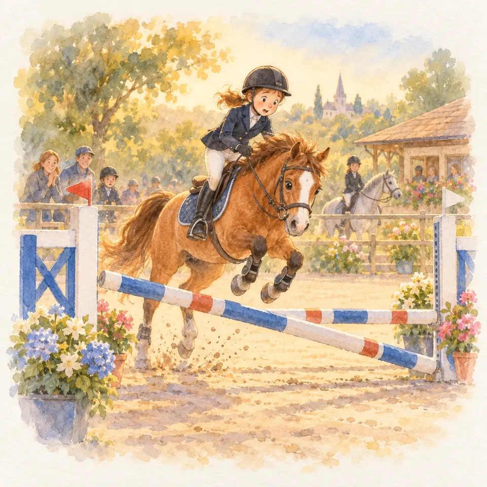 Une cavalière sur un poney alezan franchit un obstacle dont une barre tombe dans une carrière