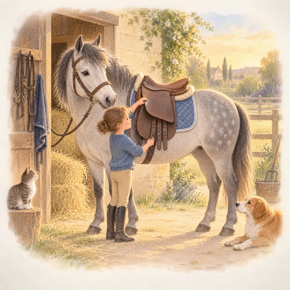 Une enfant soulève le quartier de la selle d’un cheval gris, laissant apparaître les sanglons devant l’écurie