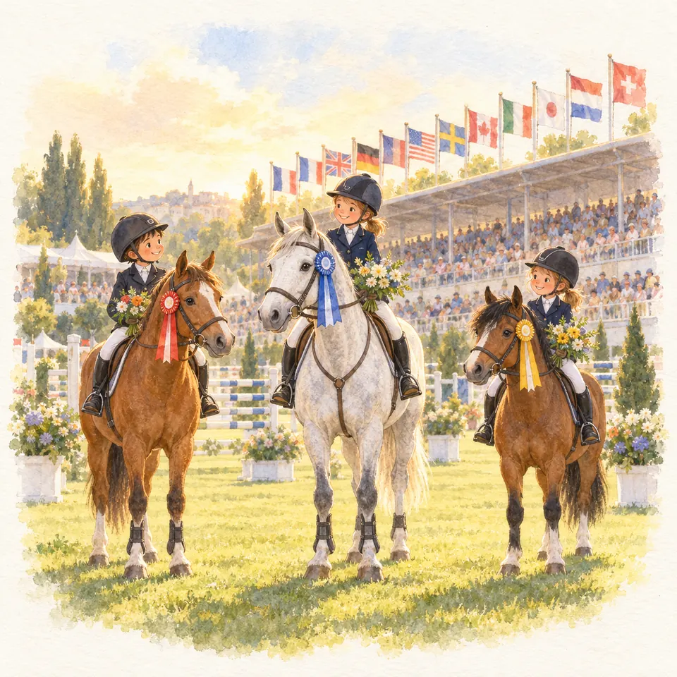 Trois jeunes cavaliers sur des chevaux alezan, gris et bai portent des flots et des bouquets devant des tribunes et des drapeaux