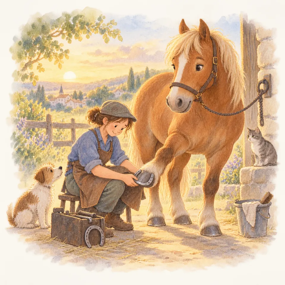 Une maréchale-ferrante ajuste un fer au sabot levé d’un poney palomino attaché devant une écurie, près de ses outils
