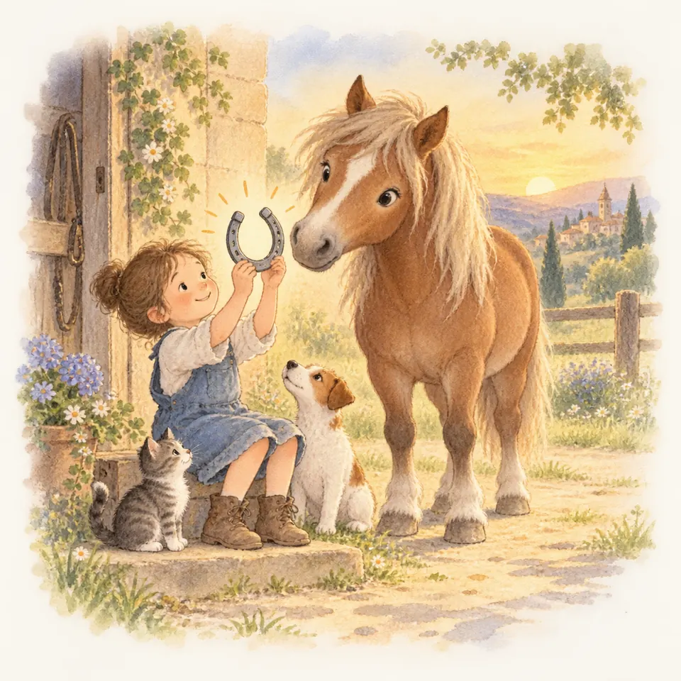 Un enfant assis devant une écurie tient un fer à cheval, pointes vers le haut, face à un poney palomino