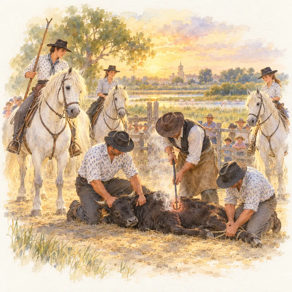 Des hommes maintiennent un bovin noir au sol pour le marquer au fer, entourés de gardians montés sur des chevaux gris