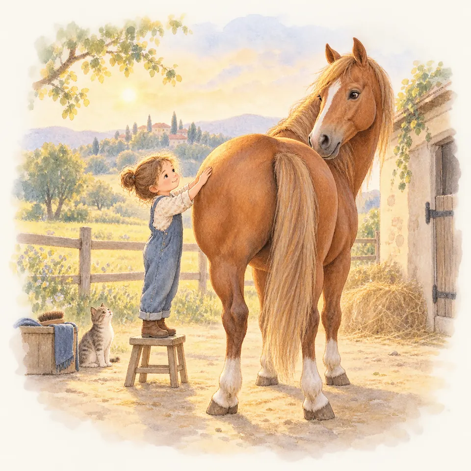 Une enfant debout sur un tabouret pose la main sur la fesse d’un poney palomino, près d’une écurie et d’une clôture