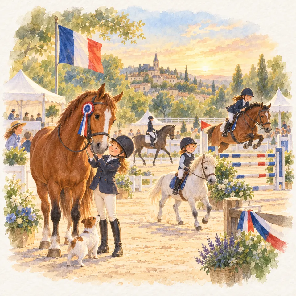 Une cavalière tient un cheval alezan portant un flot tricolore, tandis que des enfants montent à poney et sautent un obstacle