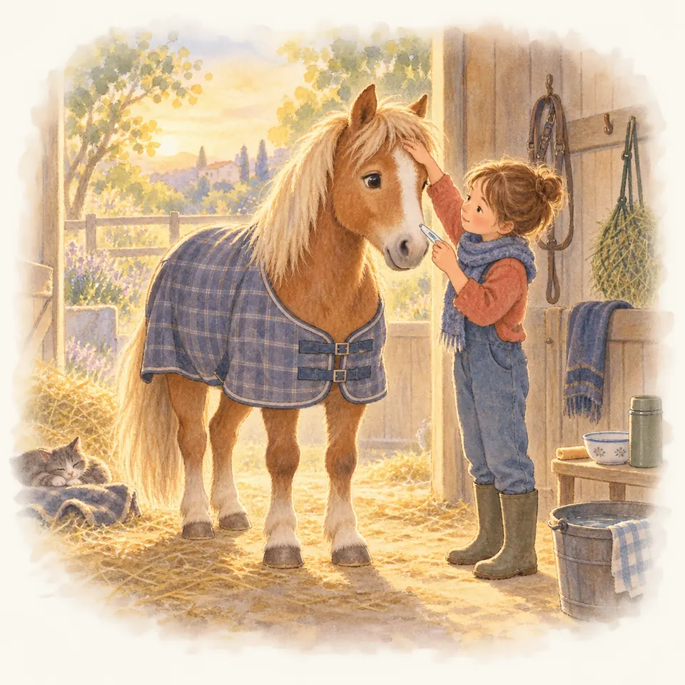 Une enfant pose la main sur le front d’un poney palomino portant une couverture à carreaux dans l’écurie