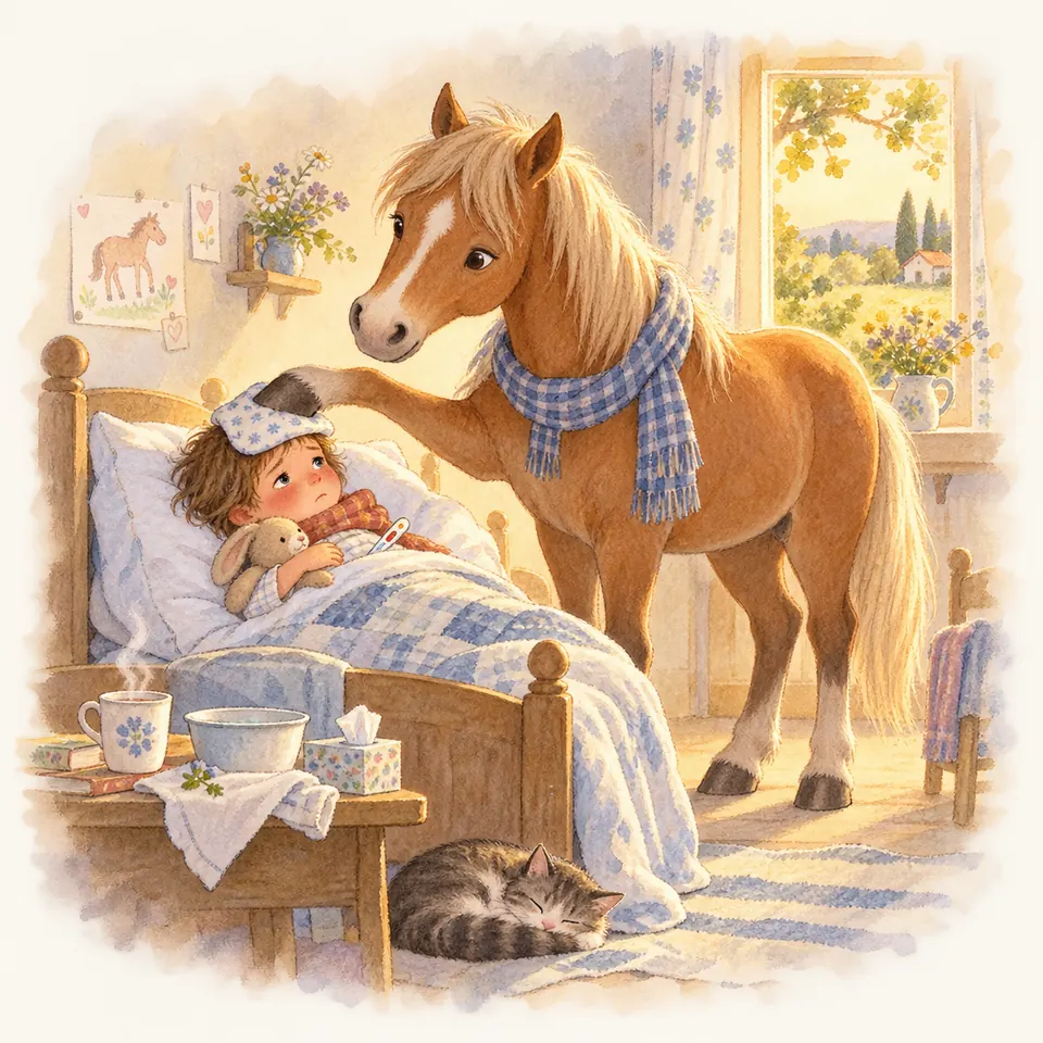 Un poney palomino portant une écharpe pose un sabot sur une compresse au front d’une enfant couchée dans un lit