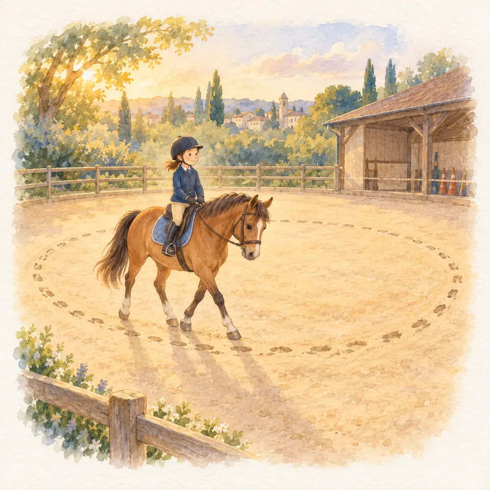 Une jeune cavalière en bombe monte un poney bai sur un cercle marqué de traces de sabots dans une carrière