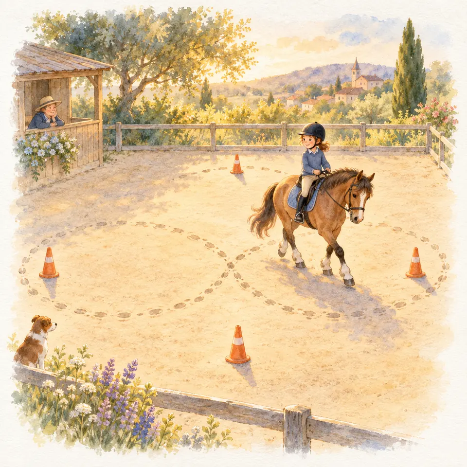 Une jeune cavalière monte un poney bai entre des cônes orange dans une carrière, sous le regard d’une adulte