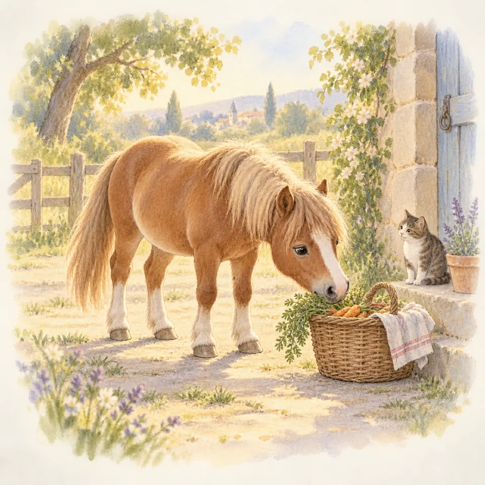 Un poney palomino baisse le nez vers un panier de carottes devant une porte, près d’un chat assis sur le seuil