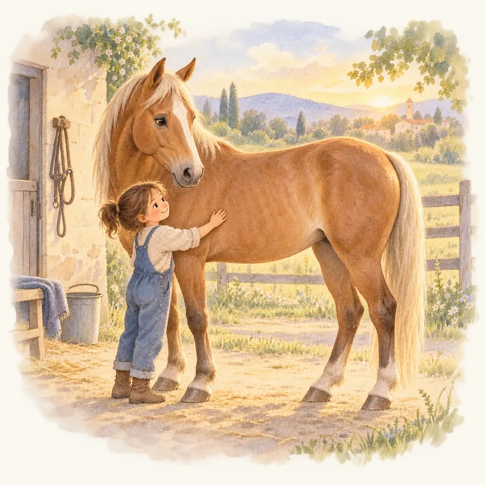 Une enfant pose la main sur le flanc d’un cheval alezan aux crins clairs, debout devant l’écurie