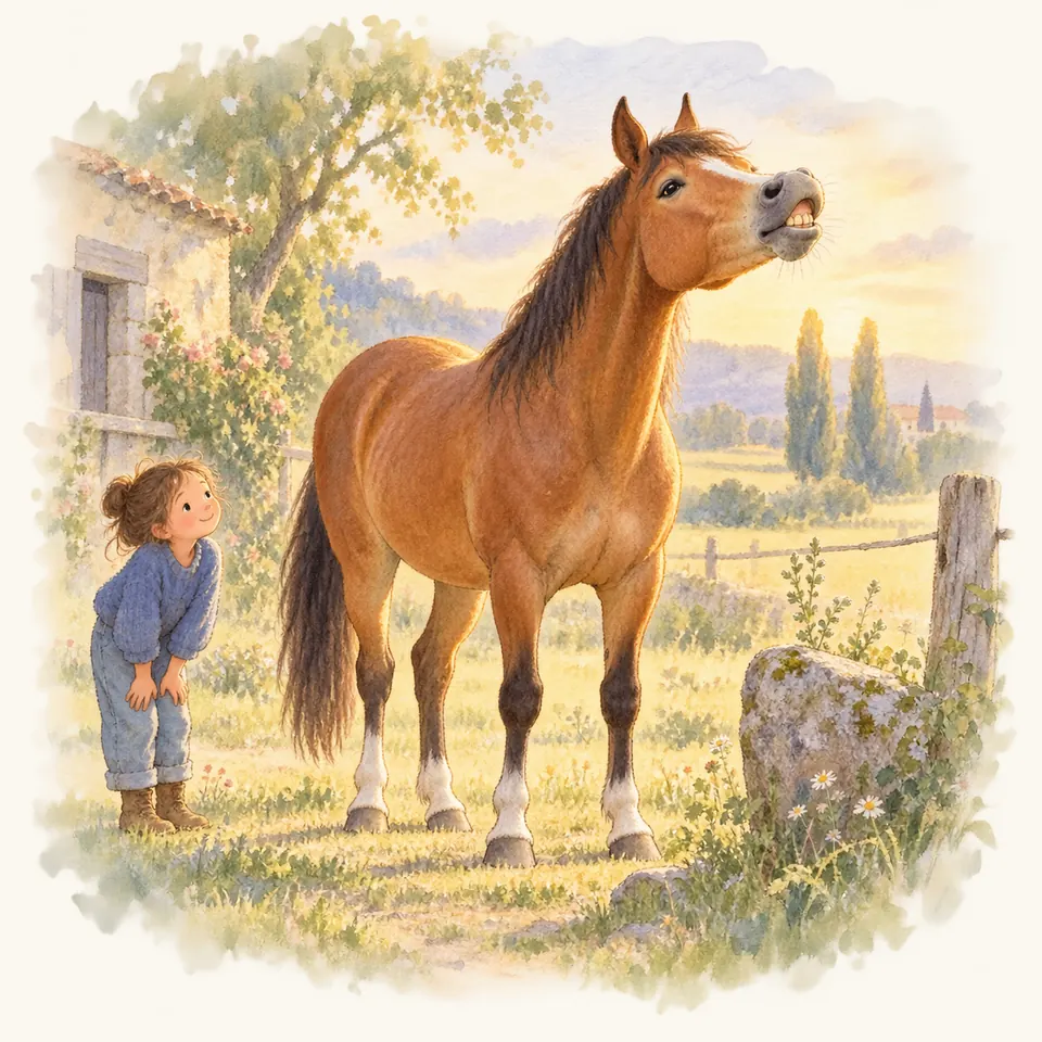 Un cheval bai relève la tête et retrousse sa lèvre supérieure, observé par une enfant près d’une clôture