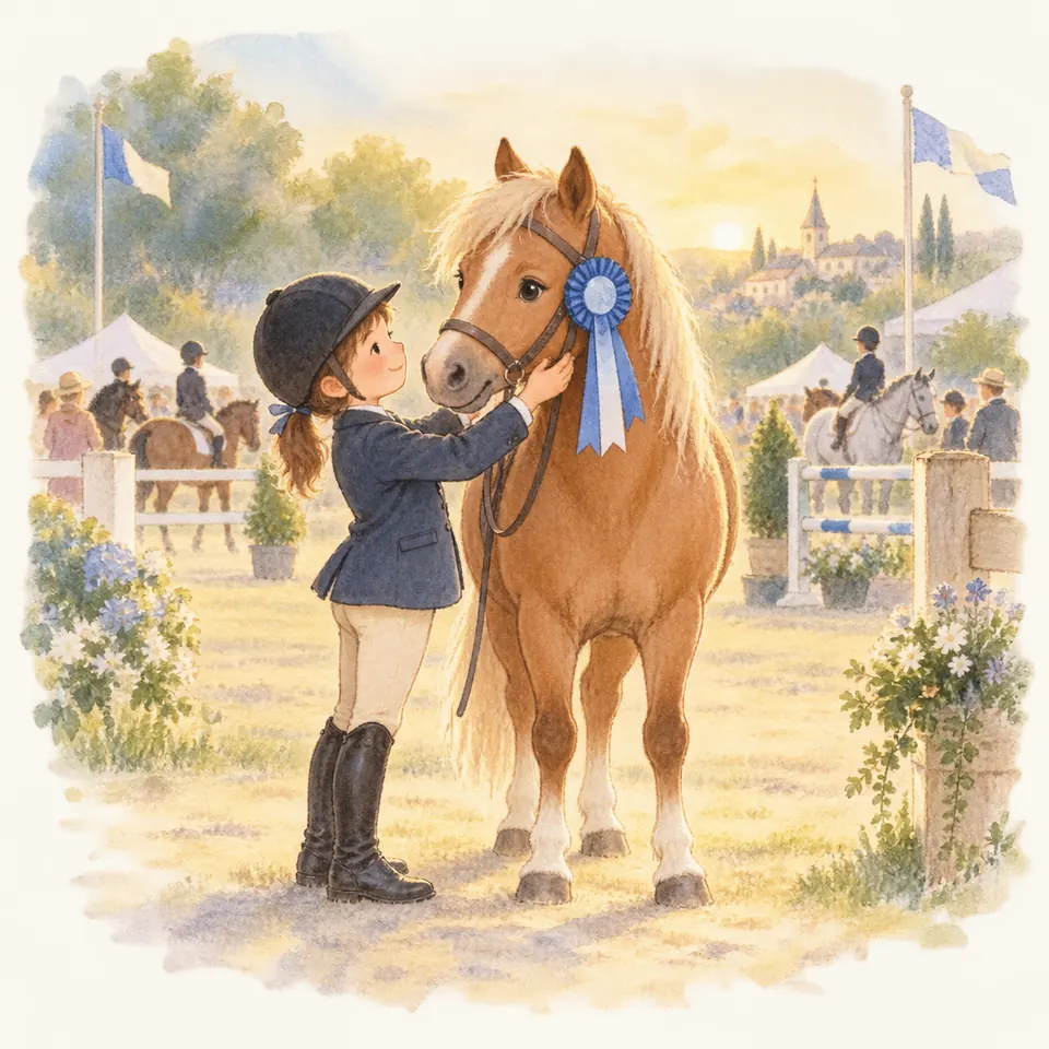 Une jeune cavalière caresse un poney palomino portant un flot bleu au bridon sur un terrain de concours