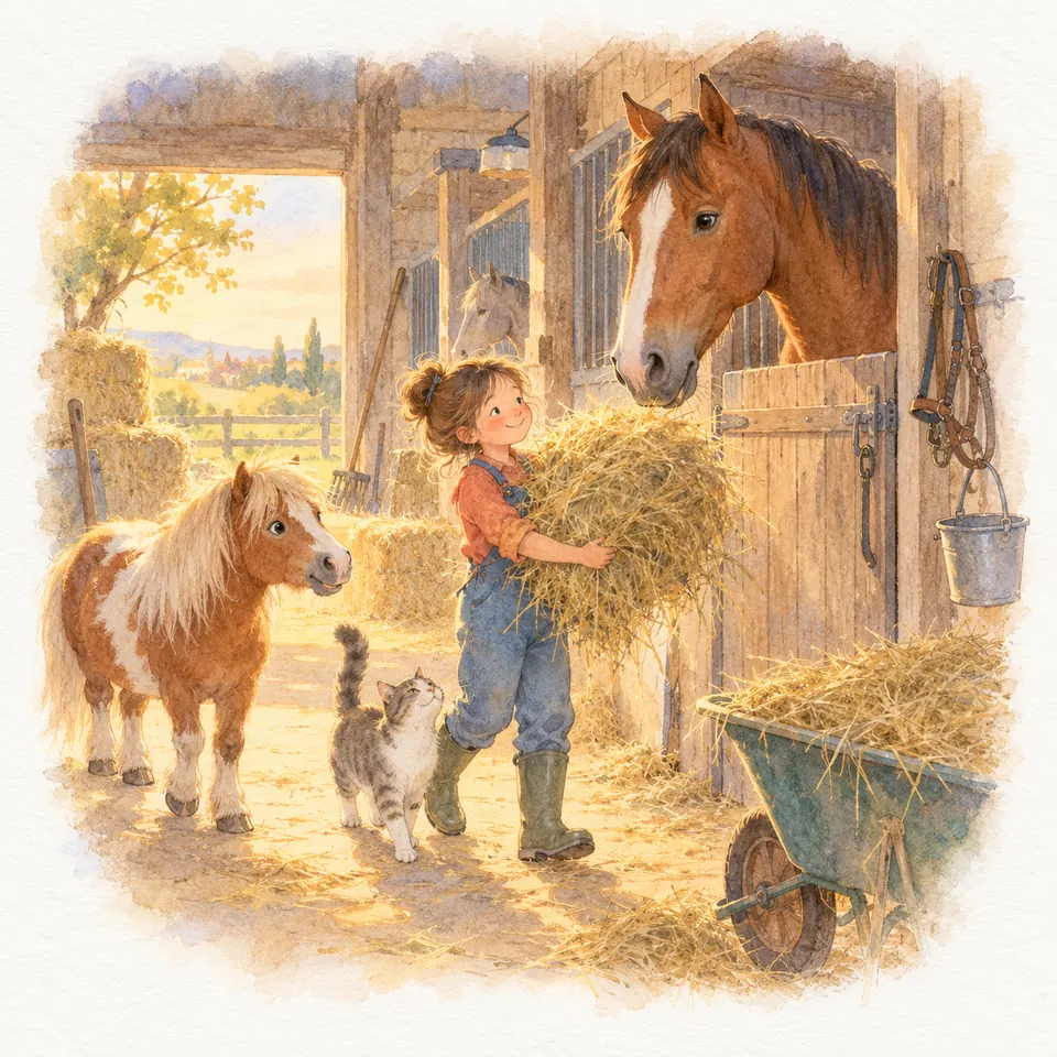 Une enfant porte une brassée de foin vers un cheval bai au box, près d’un poney pie alezan et d’une brouette