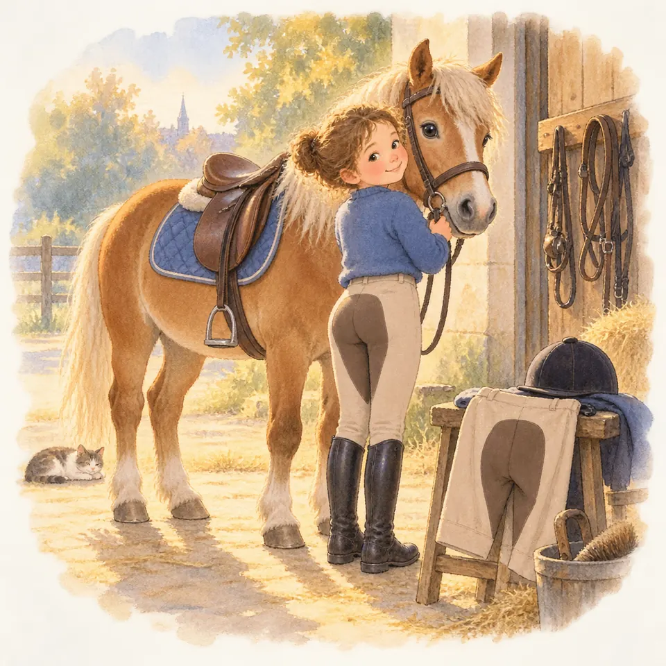 Une cavalière en culotte beige à fond renforcé tient un poney palomino sellé devant l’écurie