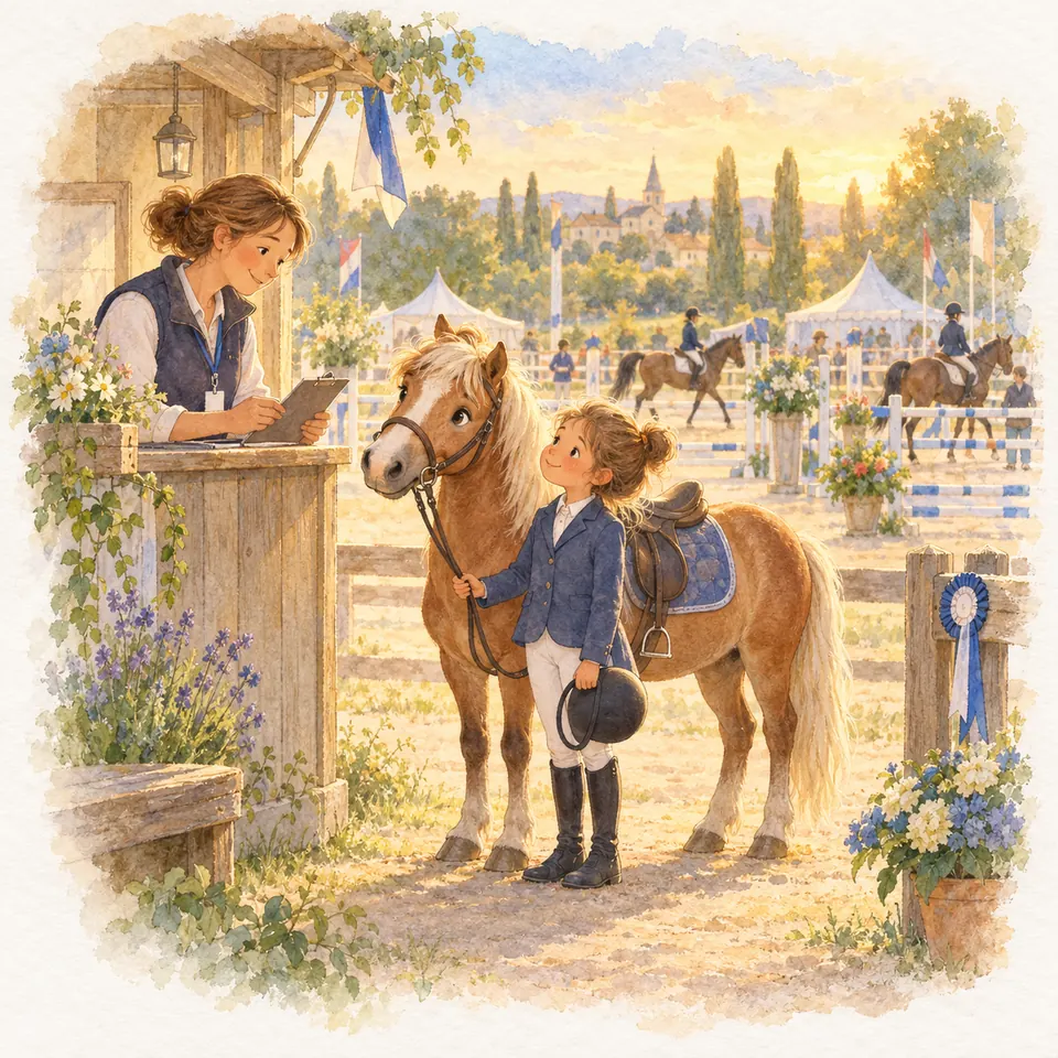 Une enfant tient un poney palomino sellé devant un guichet où une femme écrit, au bord d’un terrain de concours