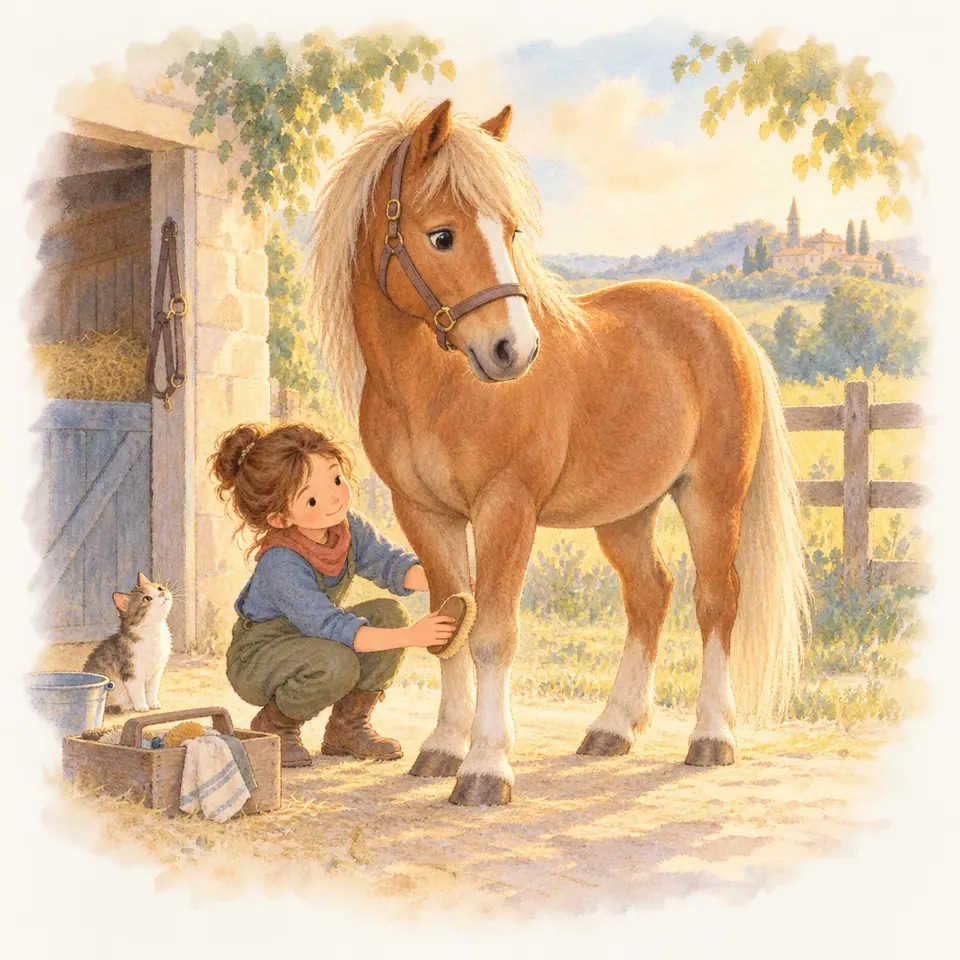 Une jeune fille accroupie brosse l’antérieur d’un poney palomino devant l’écurie, près d’une boîte de pansage et d’un chat