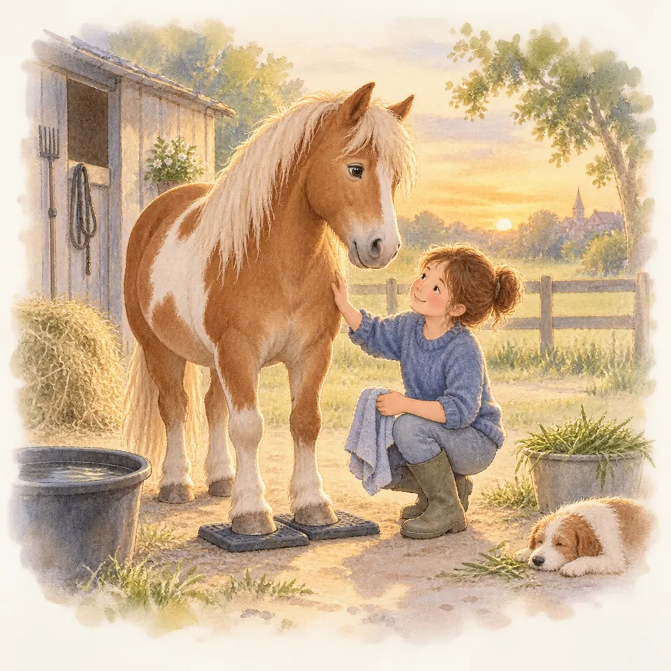 Une jeune fille caresse un poney pie alezan dont les antérieurs reposent sur deux supports noirs devant l’écurie