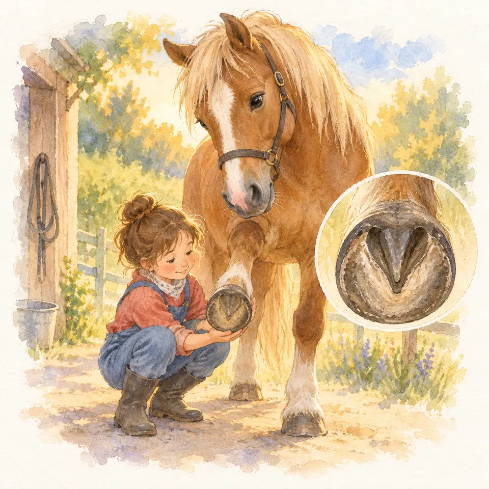 Une jeune fille tient l’antérieur levé d’un poney palomino devant l’écurie, la fourchette visible sous le sabot