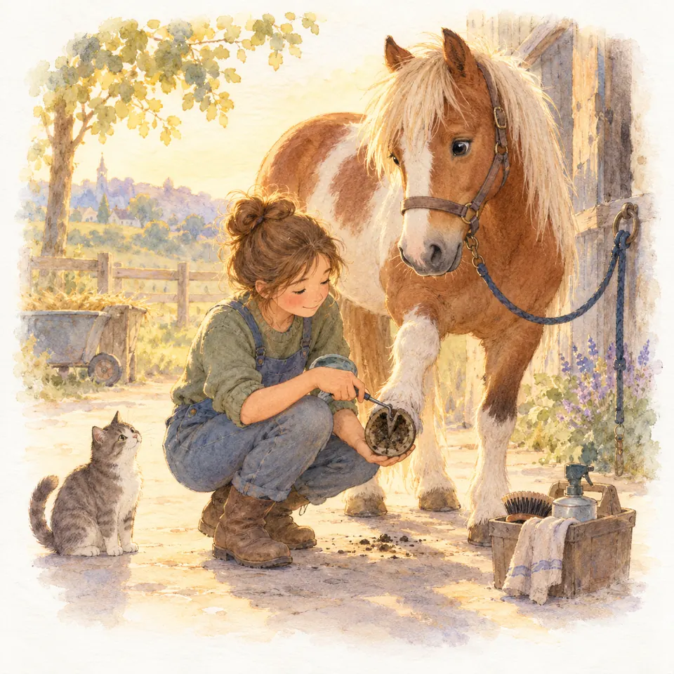Une jeune fille nettoie au cure-pied le sabot levé d’un poney pie alezan attaché devant l’écurie, près d’un chat