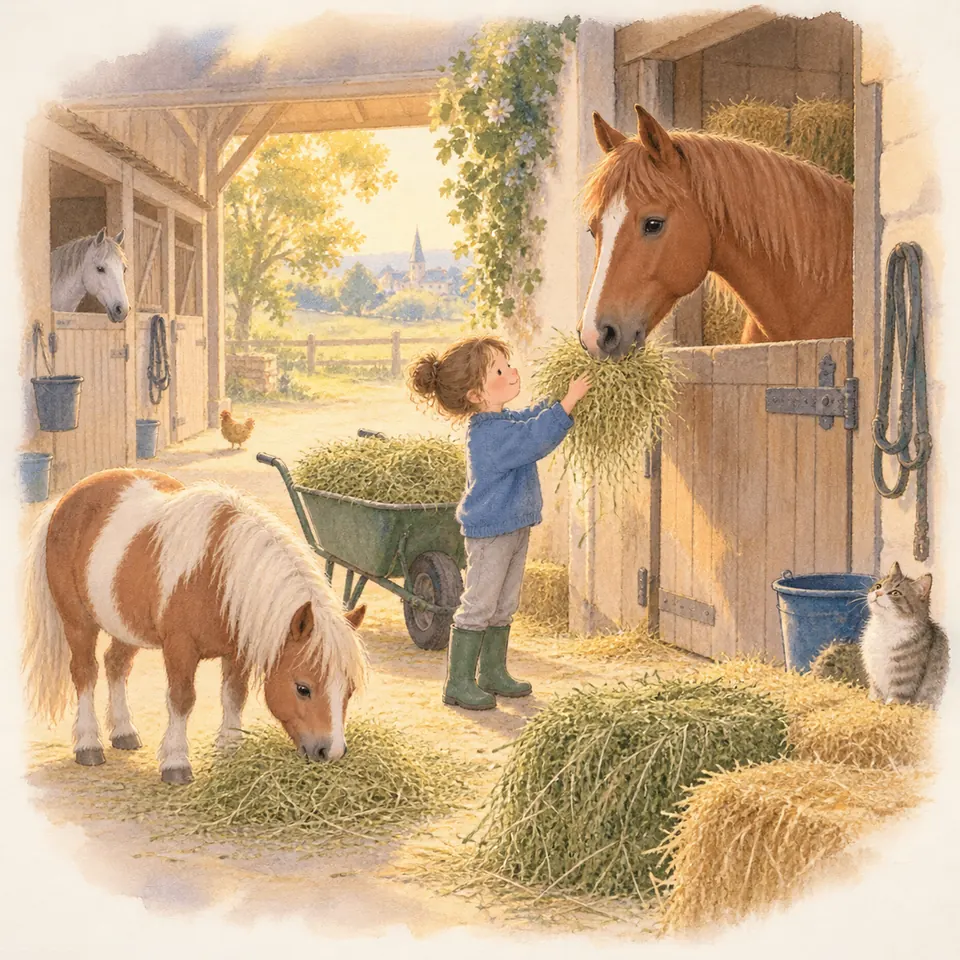 Un enfant donne du foin à un cheval alezan au box tandis qu’un poney pie alezan mange une brassée de foin au sol