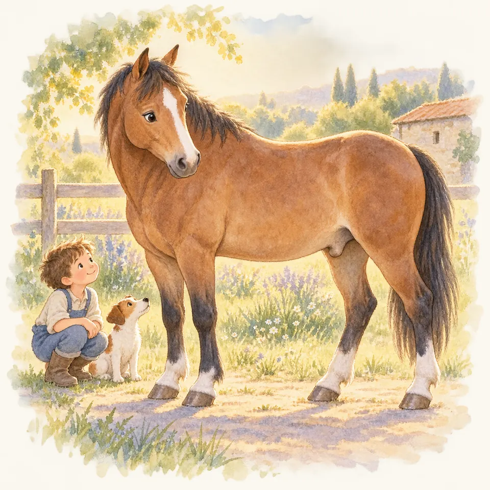 Un cheval bai se tient debout près d’une clôture, le fourreau visible sous le ventre, avec un enfant et un chien à ses côtés