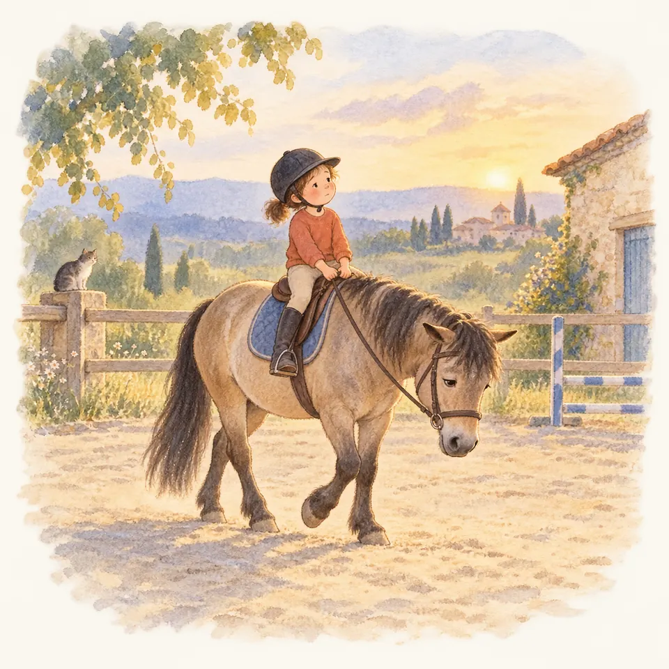 Un enfant casqué monte un poney bai clair qui avance au pas, tête basse, dans une carrière bordée d’une clôture