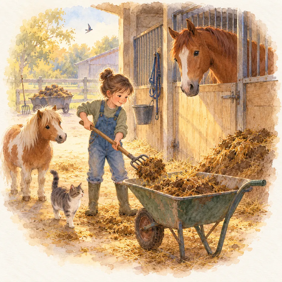 Une jeune fille charge du fumier dans une brouette avec une fourche, près d’un poney pie et d’un cheval alezan au box