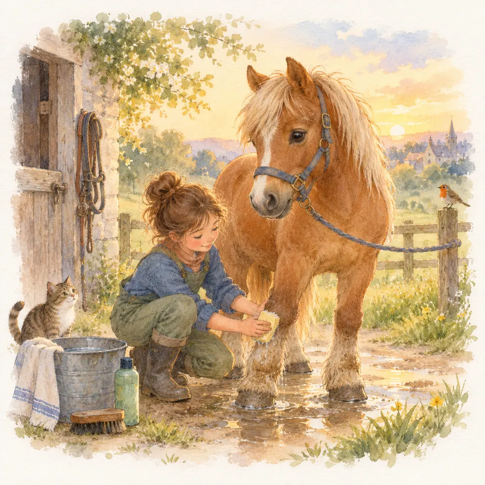 Une femme accroupie frotte avec une éponge le bas d’un antérieur d’un poney palomino attaché près de l’écurie