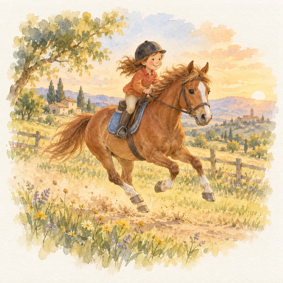 Une enfant casquée monte un poney alezan au galop sur un chemin bordé de fleurs et d’une clôture en bois