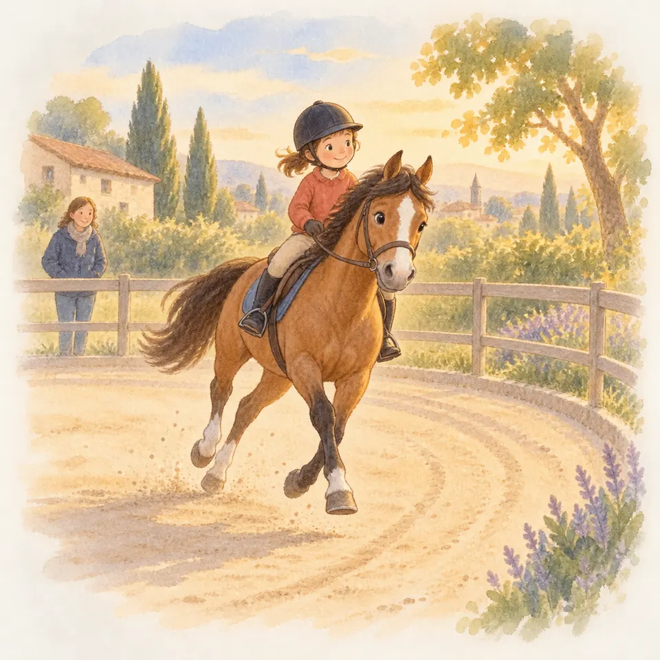 Une enfant casquée monte un poney bai au galop dans un virage de la carrière, sous le regard d’une femme