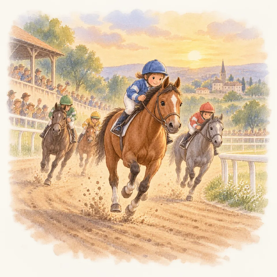 Des enfants casqués montent des poneys au galop sur une piste de course, devant des spectateurs derrière les barrières