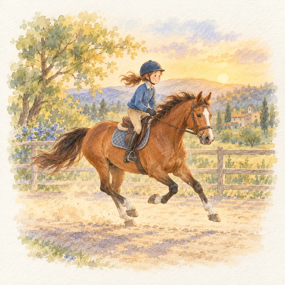 Une cavalière casquée en veste bleue monte un cheval bai au galop dans une carrière entourée d’une clôture en bois