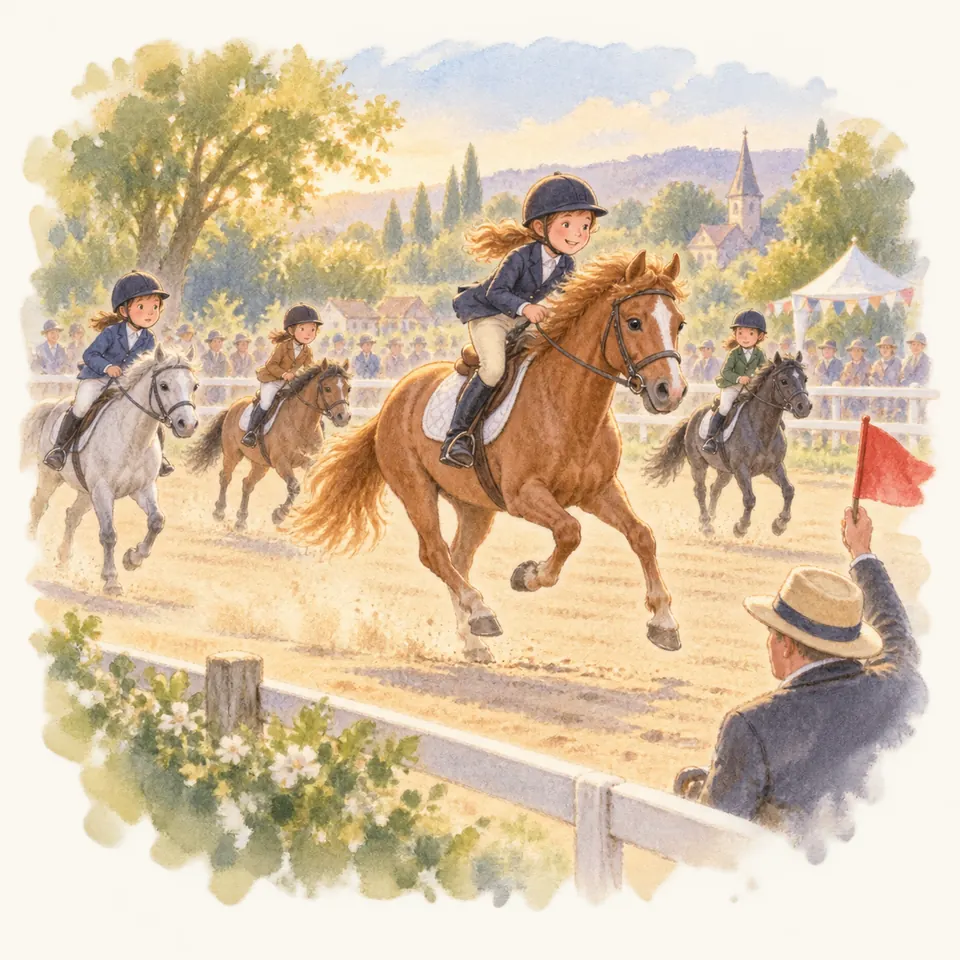 Une jeune cavalière monte un poney alezan au galop sur une piste, devant un adulte qui lève un drapeau rouge
