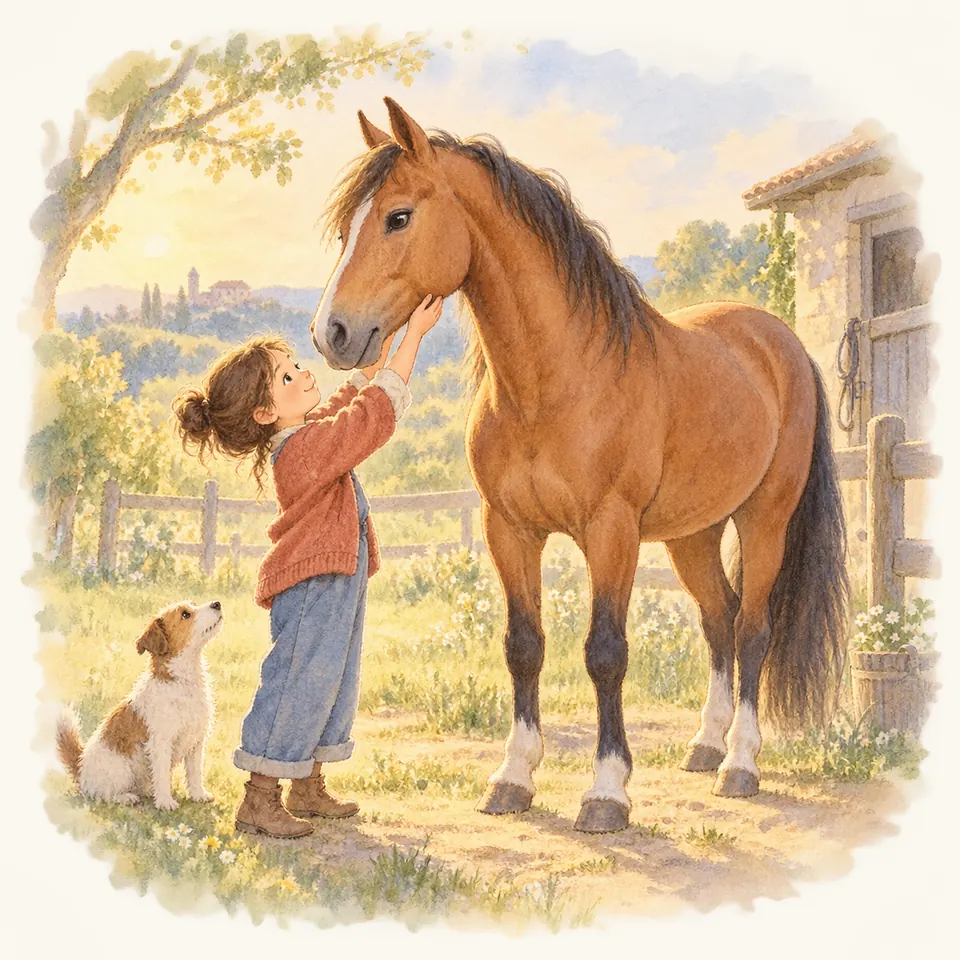 Une jeune fille touche le dessous de la mâchoire d’un cheval bai près d’une écurie, avec un chien assis à ses pieds