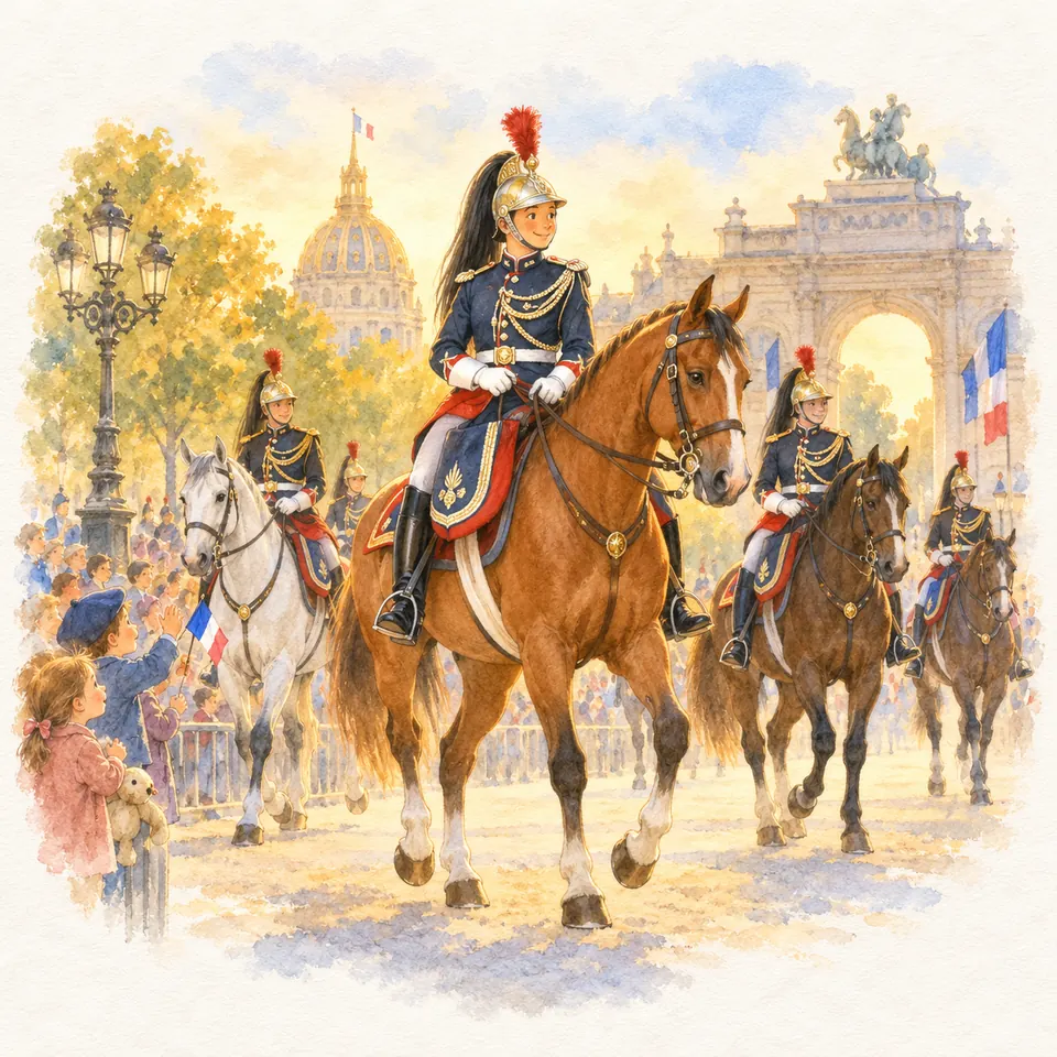 Des cavaliers de la Garde républicaine en uniforme et casque à crinière défilent sur des chevaux bais et gris devant le public