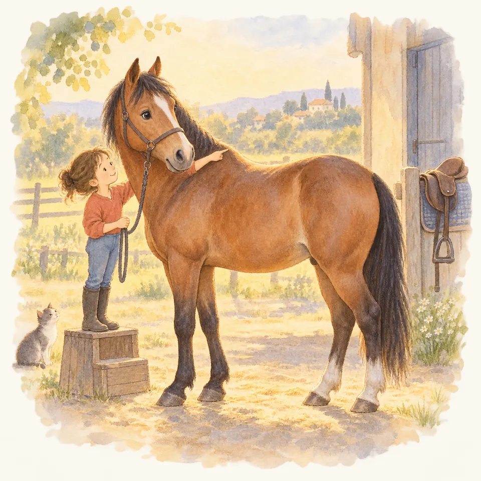 Une enfant debout sur un marchepied pose la main sur le garrot d’un cheval bai, près d’une selle suspendue à l’écurie