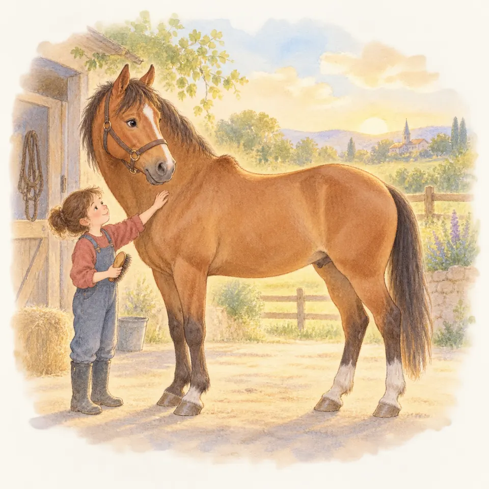 Une enfant caresse l’encolure d’un cheval bai au garrot saillant dans la cour d’une écurie
