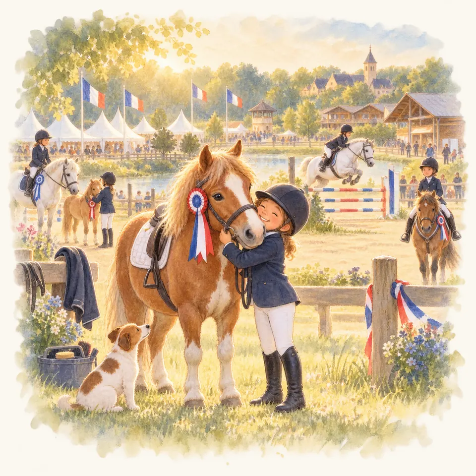 Une jeune cavalière enlace un poney alezan portant un flot tricolore, près d’un parcours de saut d’obstacles