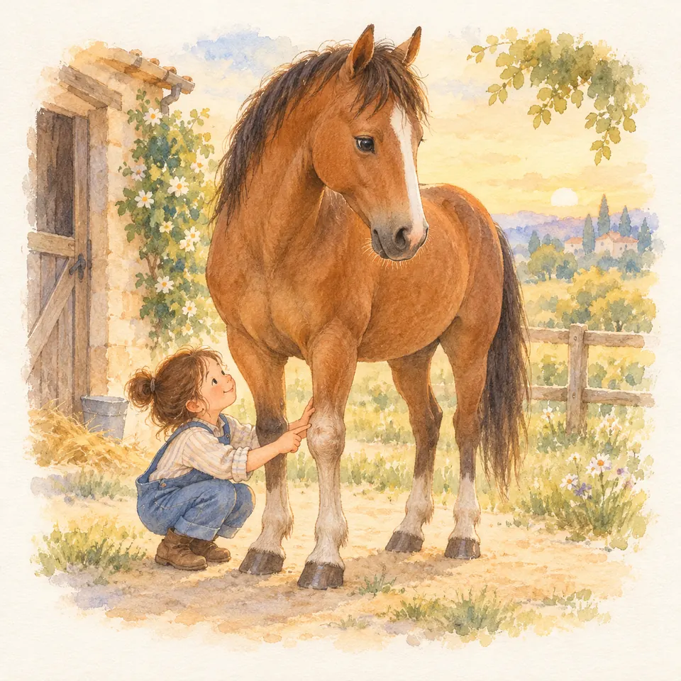 Une enfant accroupie pose les mains sur le genou d’un cheval bai devant une écurie en pierre