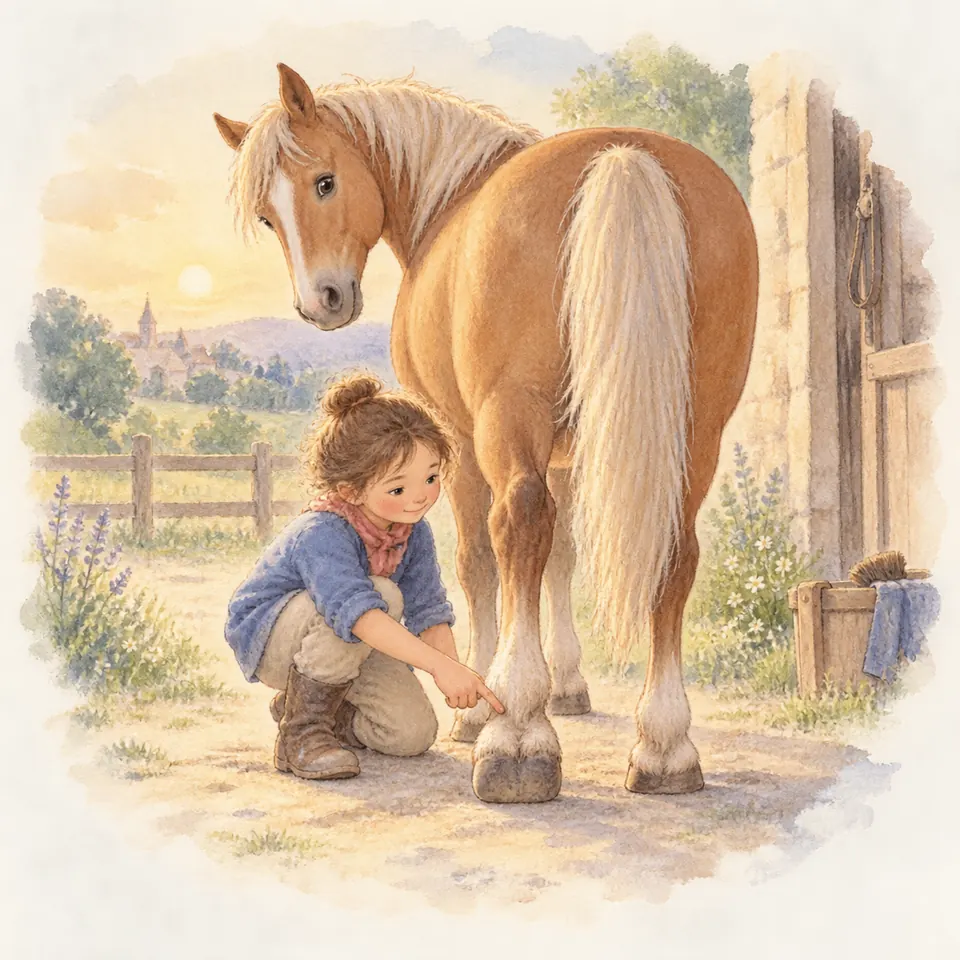 Une enfant accroupie désigne le glome d’un sabot postérieur d’un poney palomino dans la cour de l’écurie