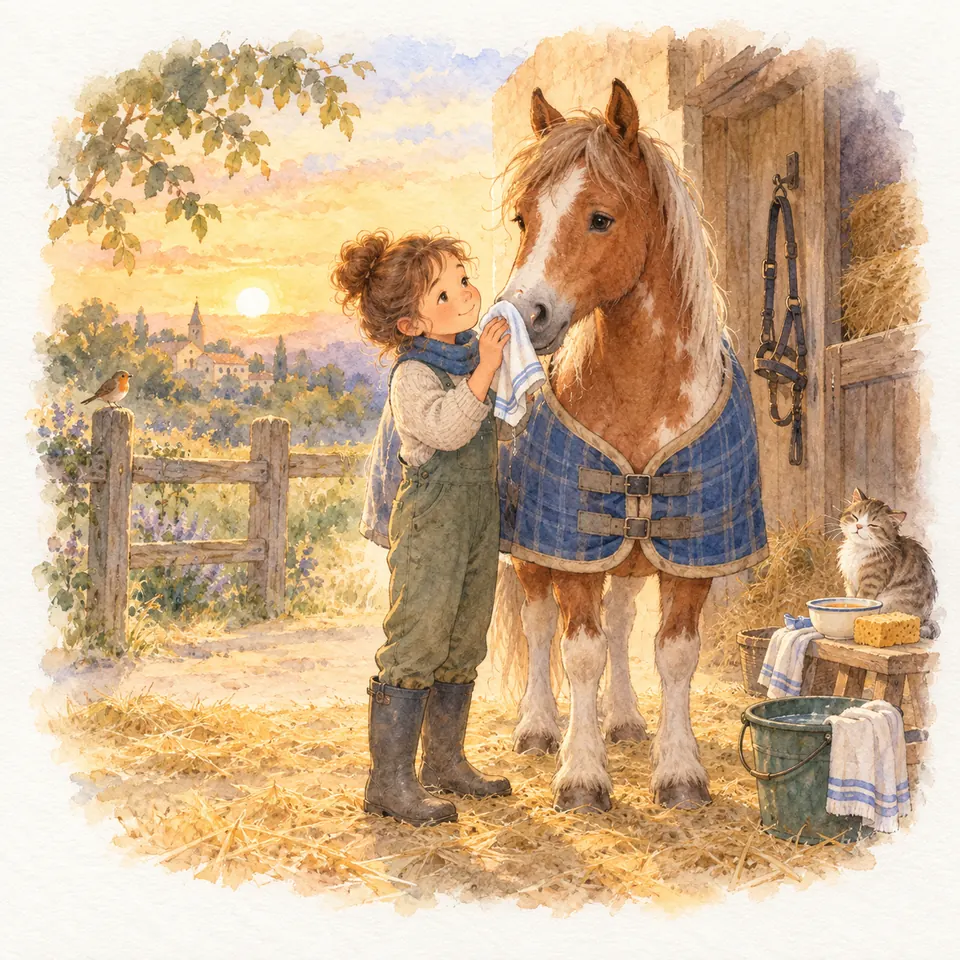 Une enfant essuie les naseaux d’un poney alezan portant une couverture bleue devant la porte d’un box