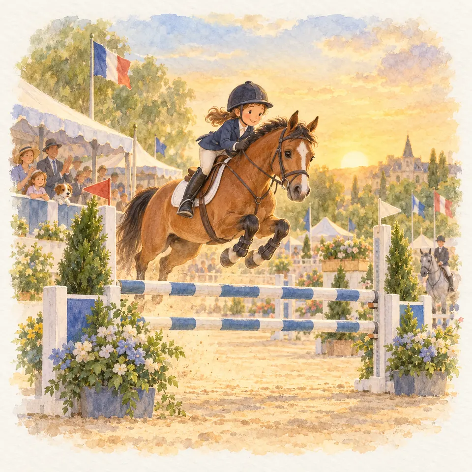 Une jeune cavalière en concours saute un obstacle bleu et blanc avec un poney bai devant les spectateurs