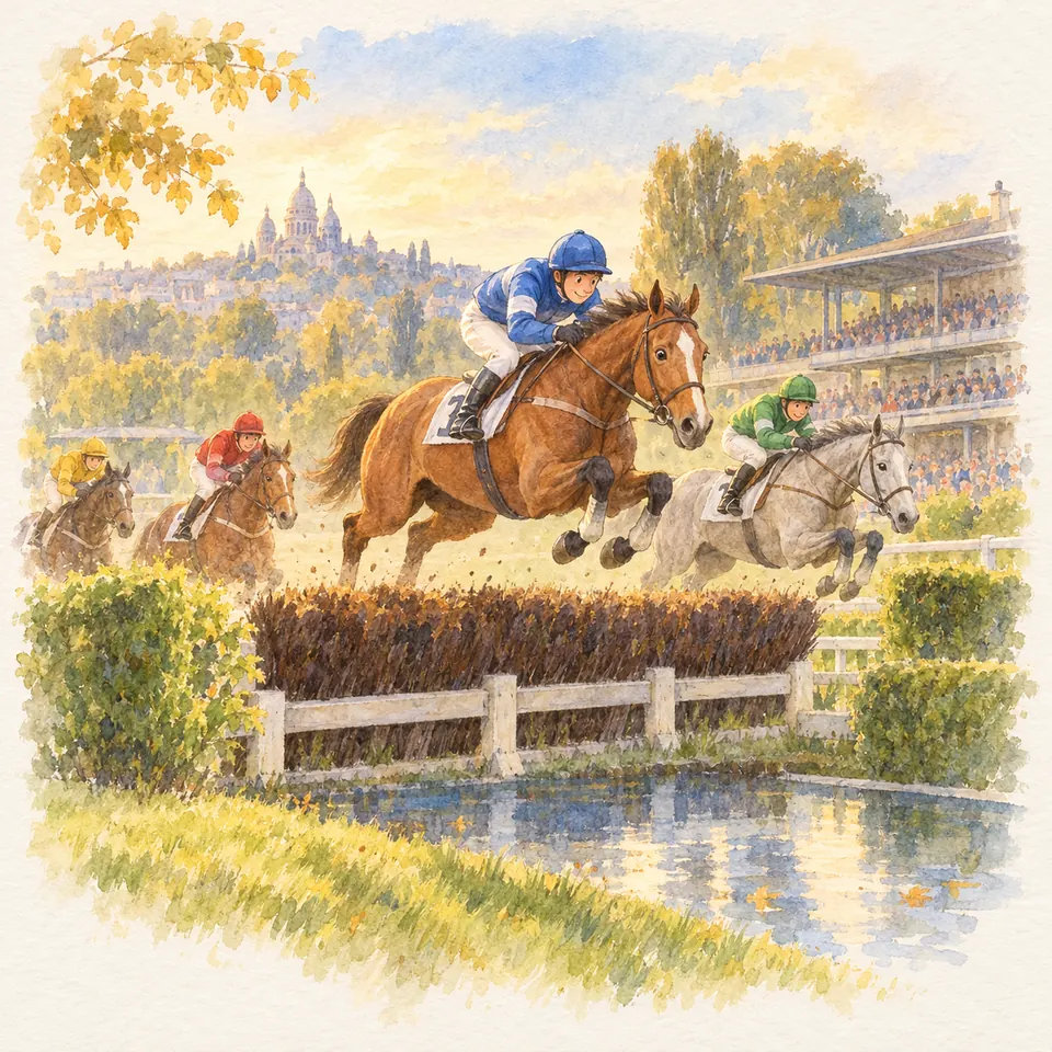 Des jockeys sur des chevaux bais et gris franchissent une haie devant les tribunes d’un hippodrome