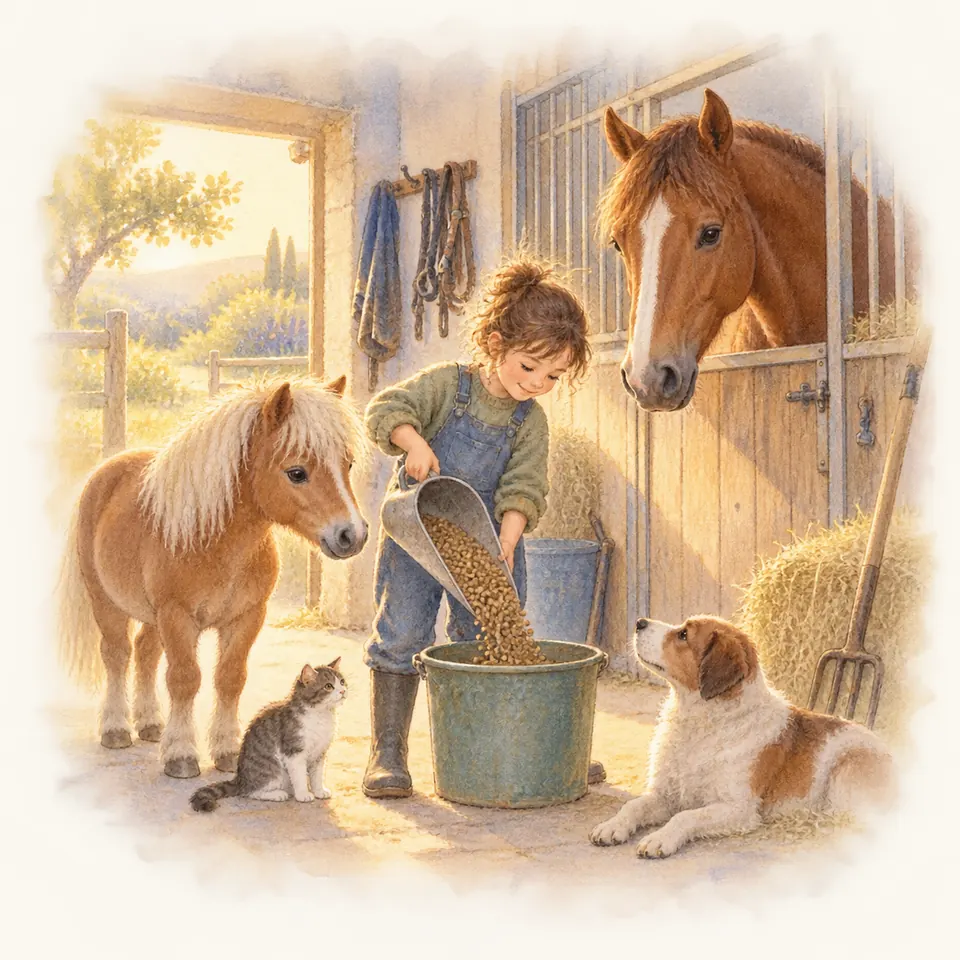 Une enfant verse des granulés dans un seau entre un poney alezan crins lavés et un cheval alezan au box
