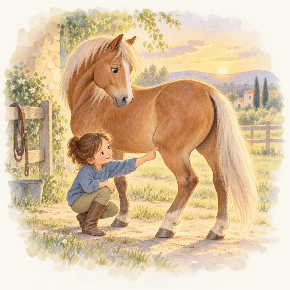 Une enfant accroupie montre le grasset d’un poney alezan aux crins lavés, debout près d’une clôture