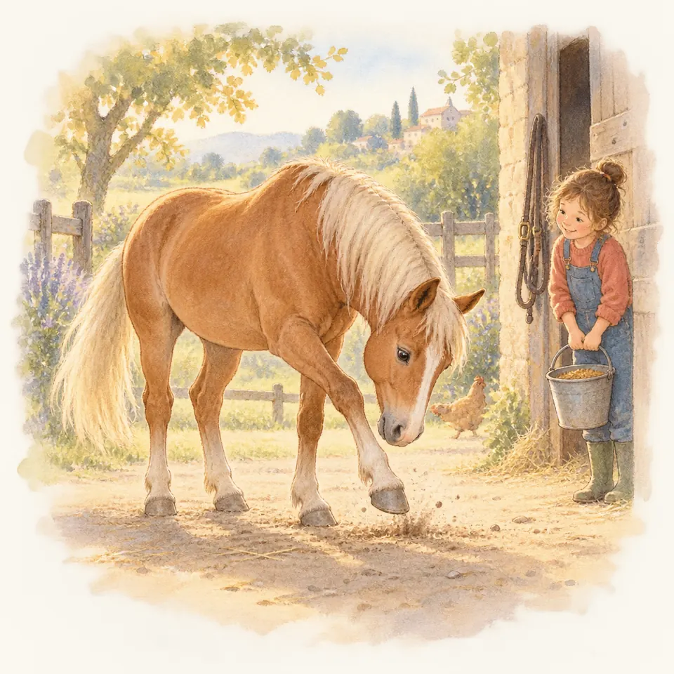 Un poney alezan aux crins lavés gratte le sol d’un antérieur près d’une enfant tenant un seau devant l’écurie