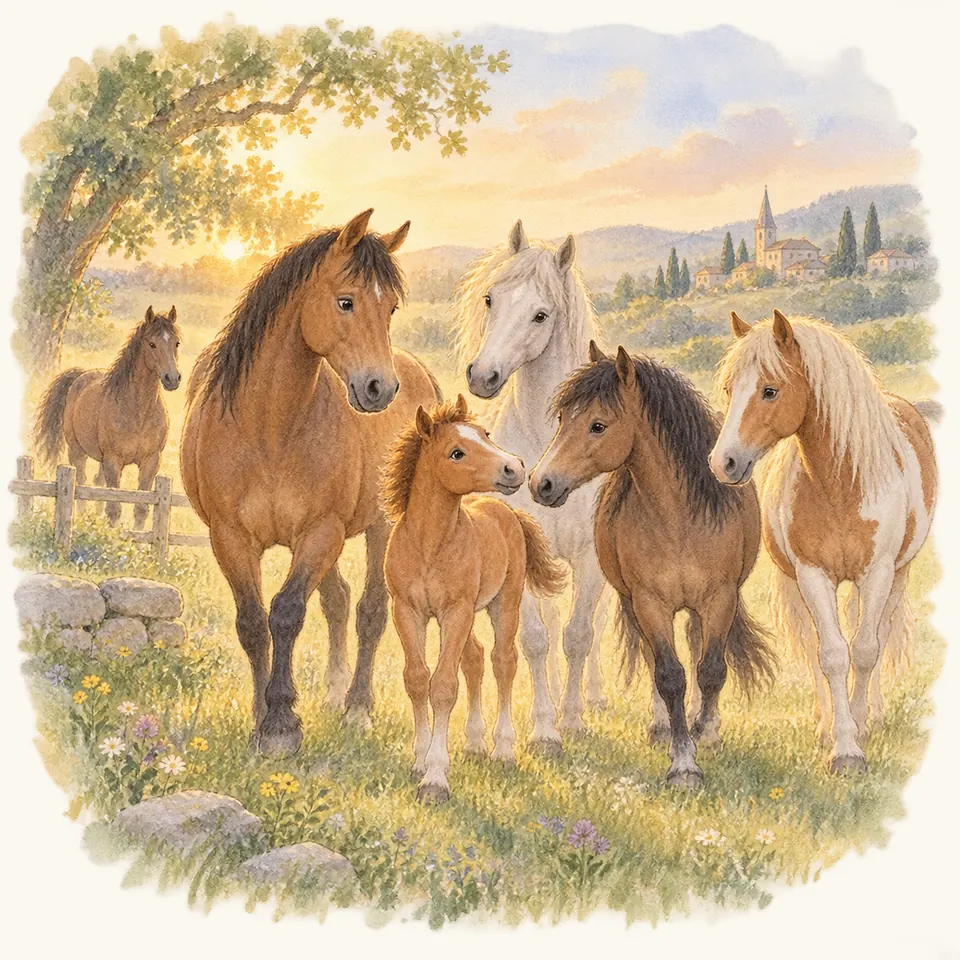 Des chevaux bais, gris et pie se tiennent groupés autour d’un poulain alezan dans un pré clôturé